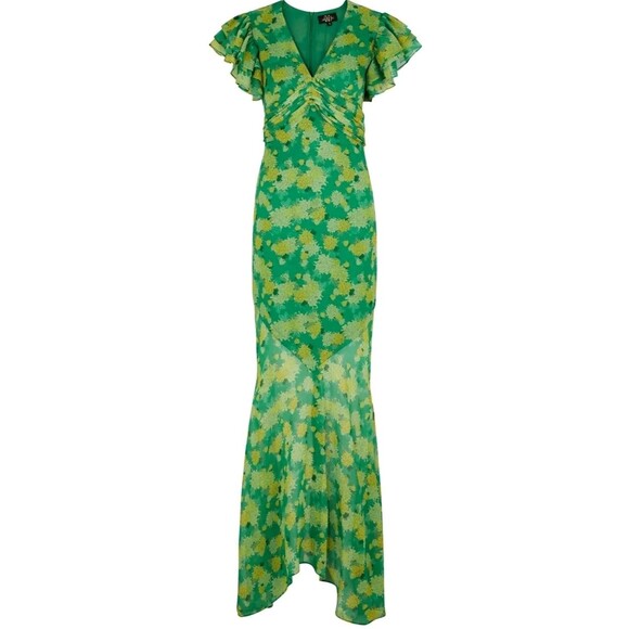 De La Vali Palmera Green Floral Chiffon Maxi Dress UK 12 US 8 Ruffle Sleeve $676 - Picture 1 of 16